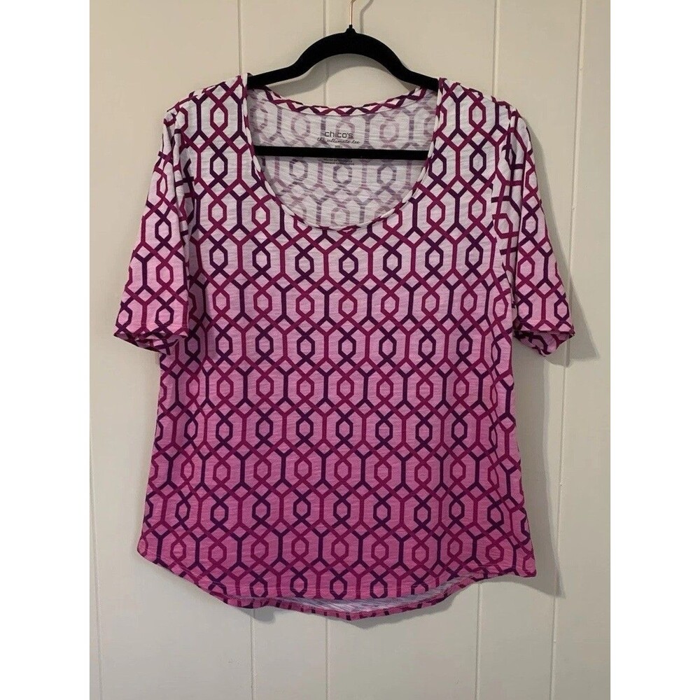 Chicos Size 1 Womens Medium Ultimate Tee Ombre Hexagon Pink Purple